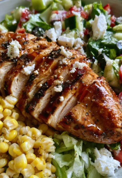 Honey Garlic Chicken Salad with Corn and Greek Salad