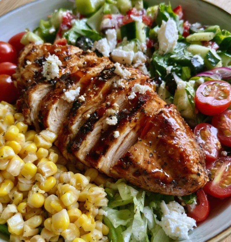 Honey Garlic Chicken Salad with Corn and Greek Salad