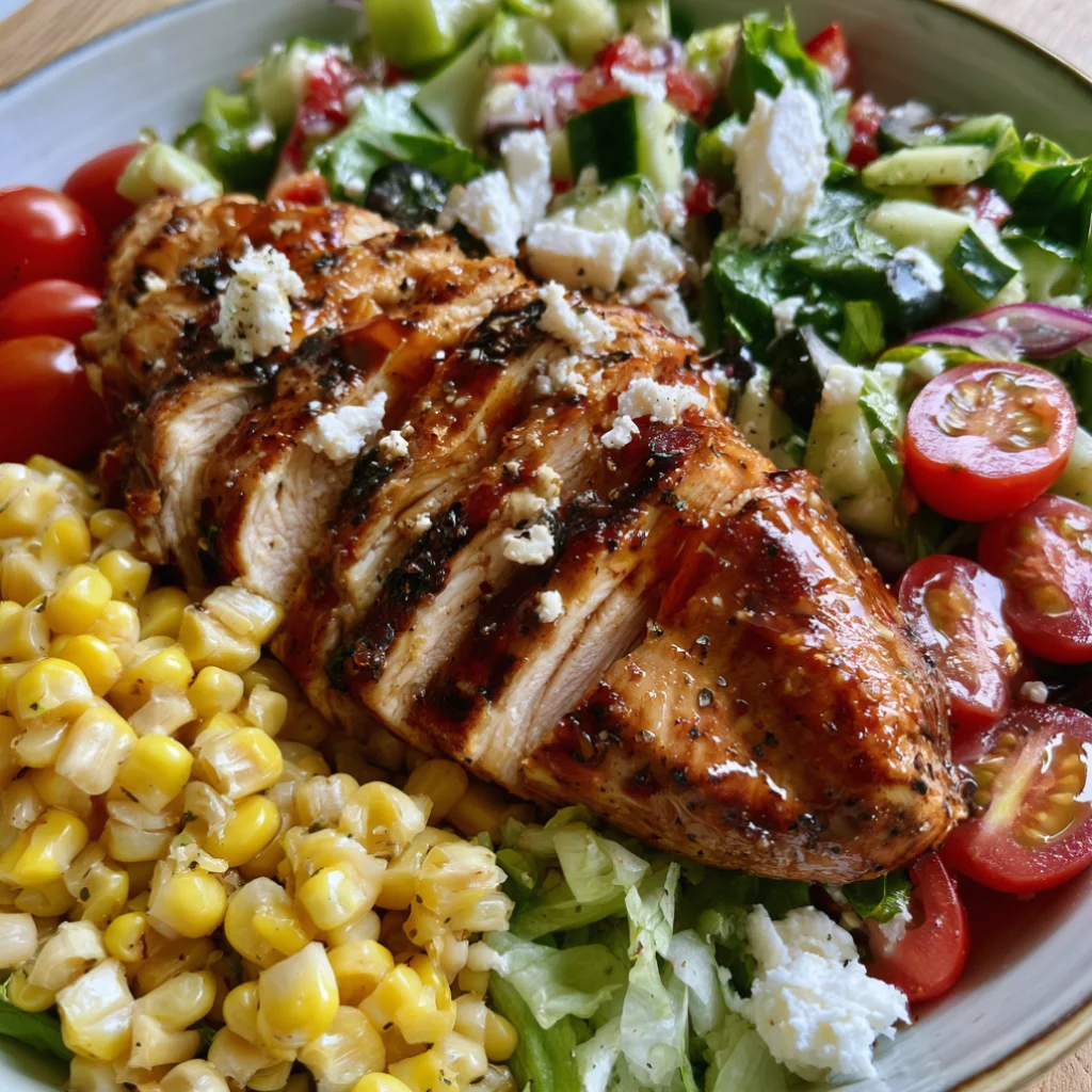 Honey Garlic Chicken Salad with Corn and Greek Salad