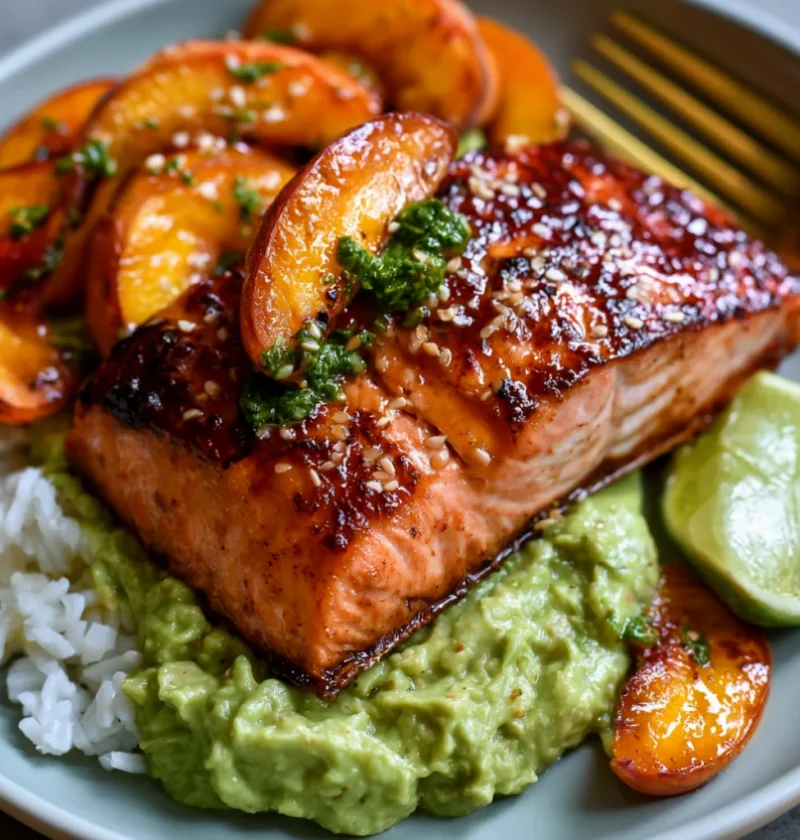 Hot Honey Butter Roasted Salmon and Peaches