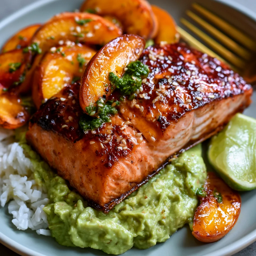 Hot Honey Butter Roasted Salmon and Peaches