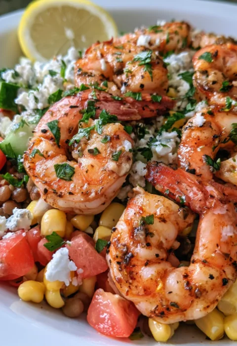 Lentil Greek Salad With Corn And Spicy Shrimp