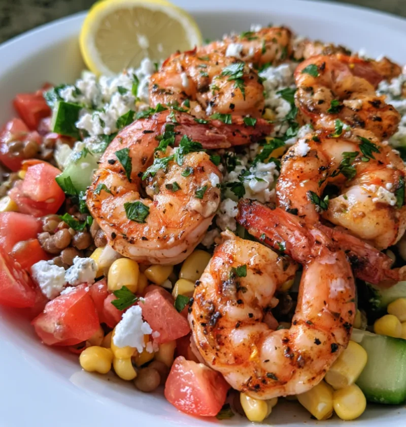 Lentil Greek Salad With Corn And Spicy Shrimp