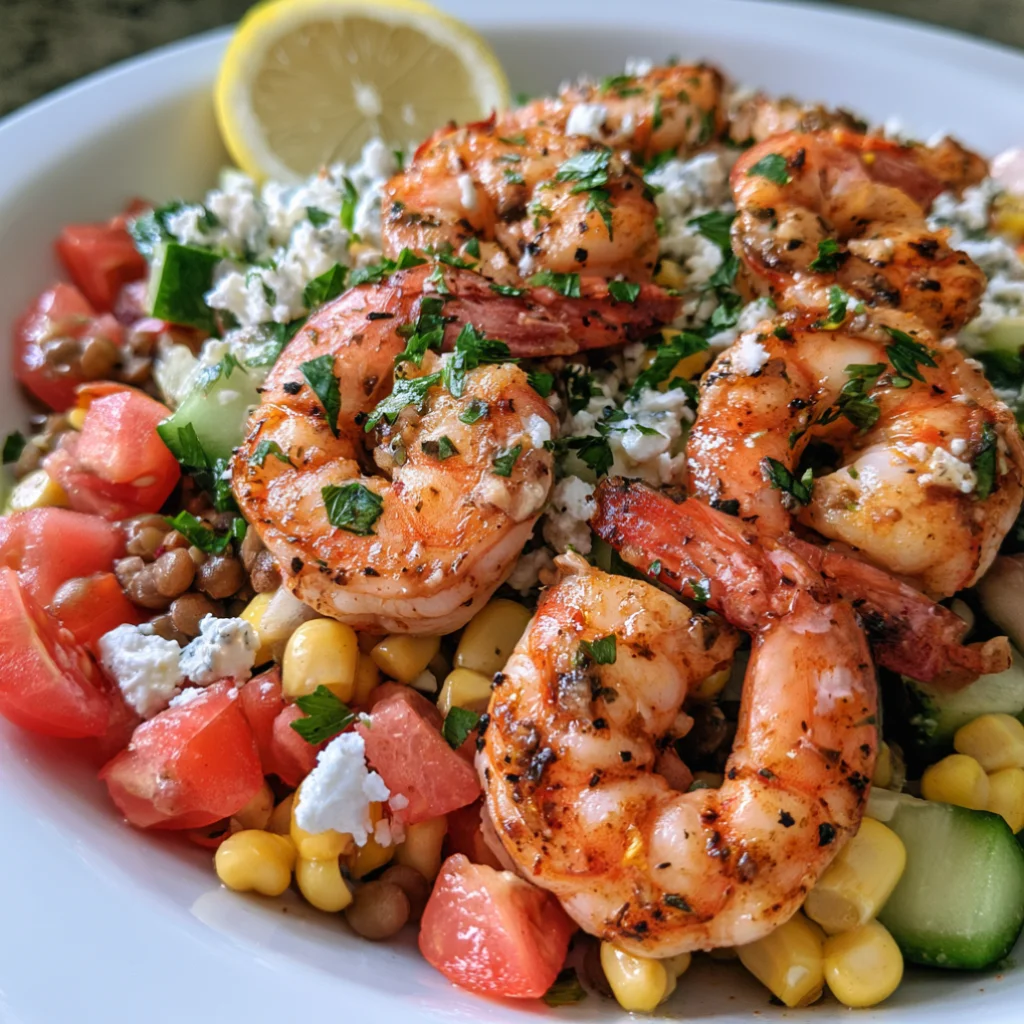Lentil Greek Salad With Corn And Spicy Shrimp