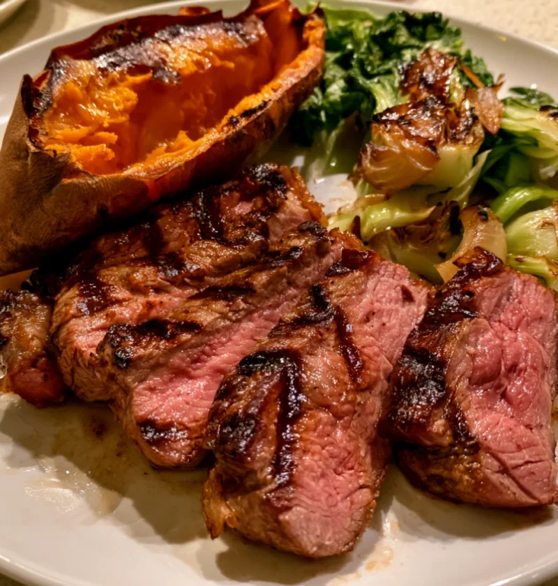 Sirloin Steak With Baked Sweet Potato and Bok Choy