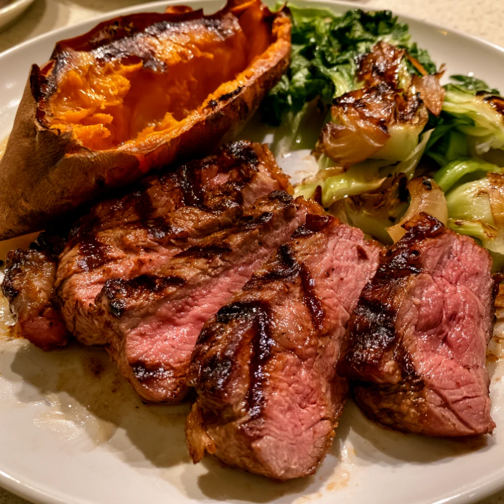 Sirloin Steak With Baked Sweet Potato and Bok Choy