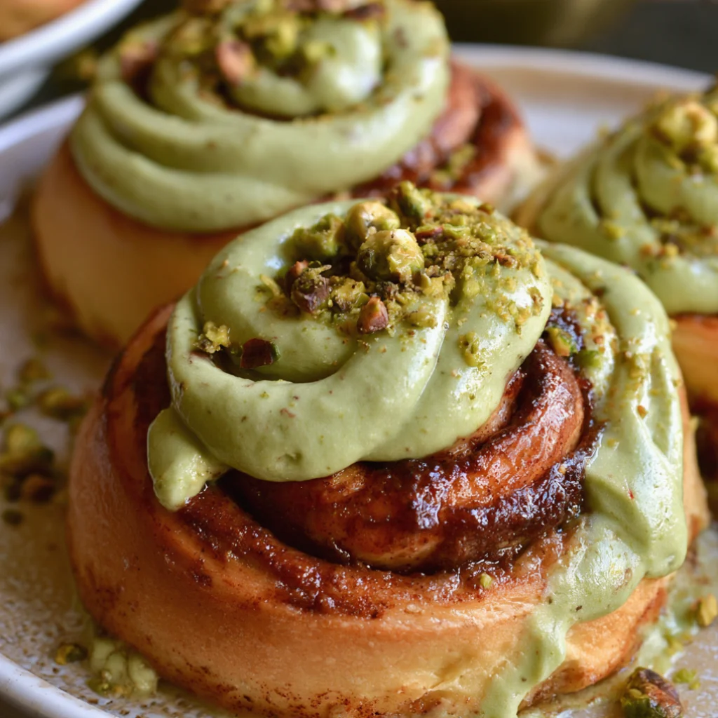 Cinnamon Rolls Topped With Pistachio Cream