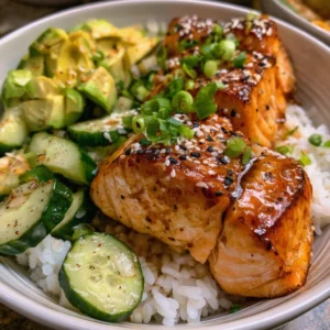 Honey Garlic Salmon Bowls With Sweet & Spicy Cucumber Salad