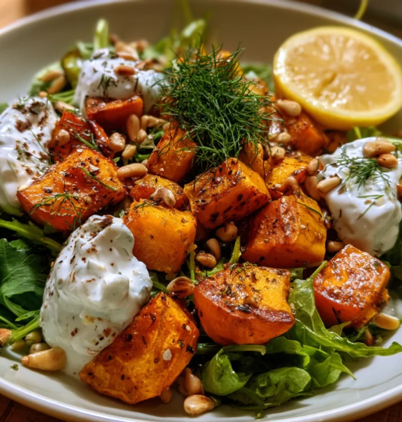 Roasted Pumpkin with Lemon Yogurt Sauce and Pine Nuts Salad