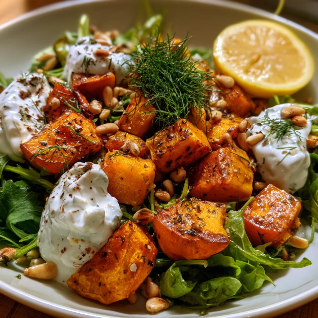 Roasted Pumpkin with Lemon Yogurt Sauce and Pine Nuts Salad