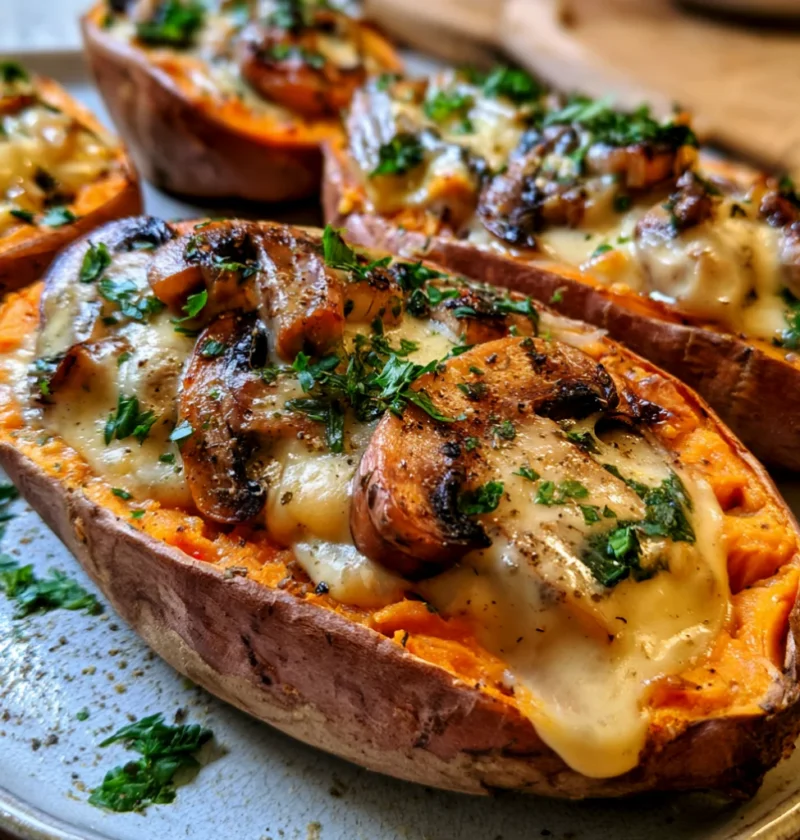 Creamy Mushroom Stuffed Sweet Potatoes