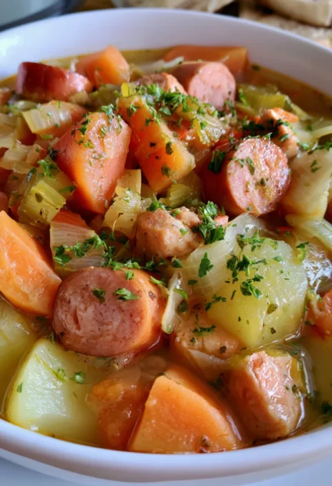 Crock-Pot vegetables soup with sausages and chicken