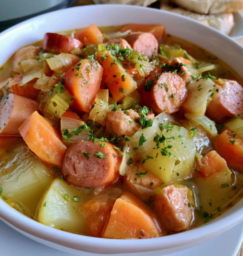 Crock-Pot vegetables soup with sausages and chicken