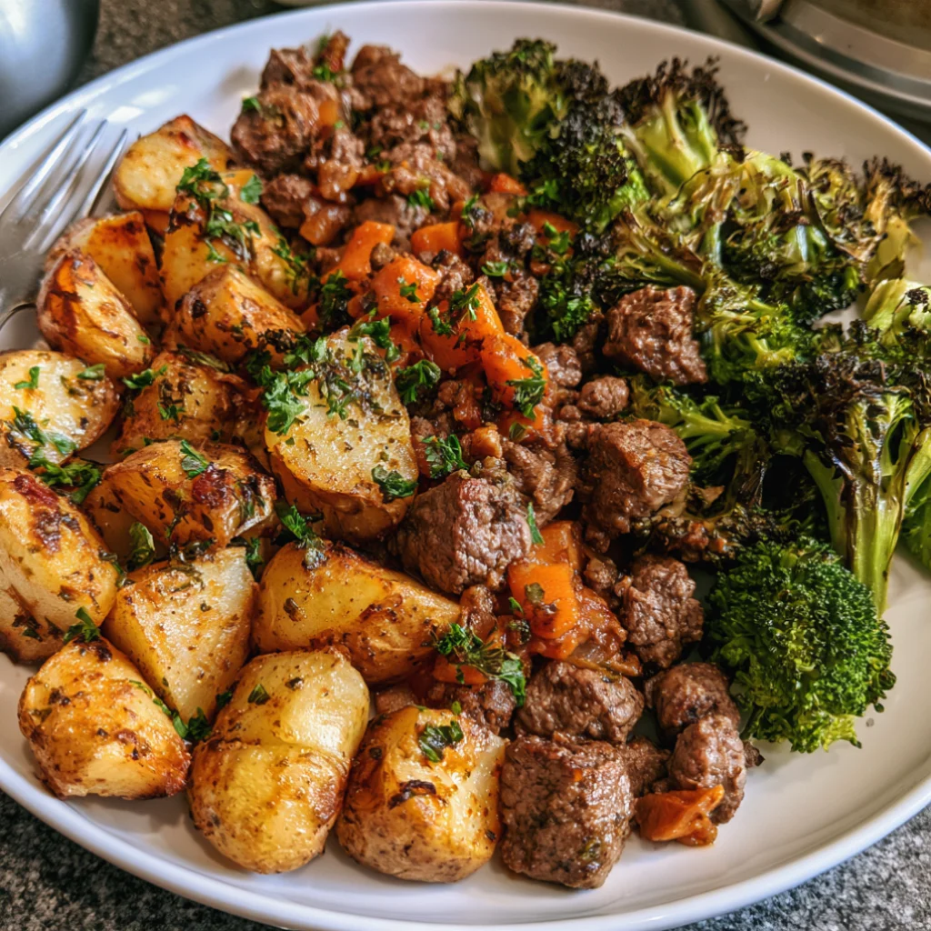 Ground Beef With Herb-Roasted Potatoes & Steamed Broccoli