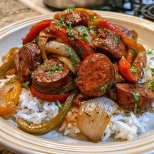 Sausage, Onion, and Bell Peppers over Rice
